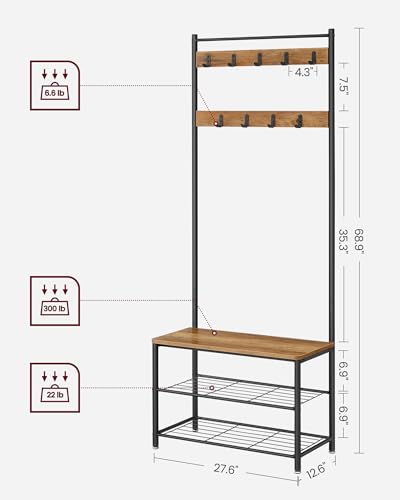 VASAGLE Coat Rack, Hall Tree with Shoe Storage Bench, Entryway Bench with Shoe Storage, 3-in-1, Steel Frame, for Entryway, 12.6 x 27.6 x 68.9 Inches, Industrial, Rustic Walnut and Black UHSR041B41 - color: Rustic Walnut + Black, size: 27.6"W