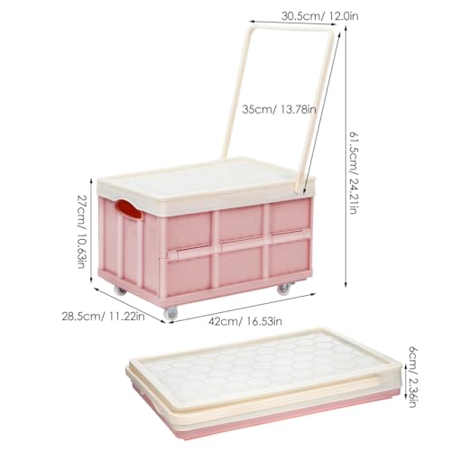 30L Collapsible Storage Bins with Lids: Storage Tote With Wheels Folding Plastic Stackable Utility Crates Plastic Tote Storage Box Container Stackable Folding Utility Crates for Clothes,Books - color: Pink