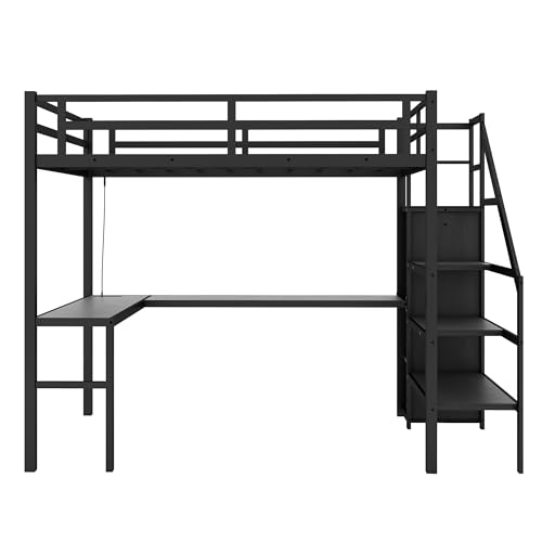 Bellemave Twin XL Loft Bed with Stairs and Storage, Metal Loft Beds Frame with Wardrobe and Safety Guardrails, Space Saving LED Loft Bed Twin Size for Kids & Teens, No Box Spring Needed, Black - color: Black, size: Twin XL