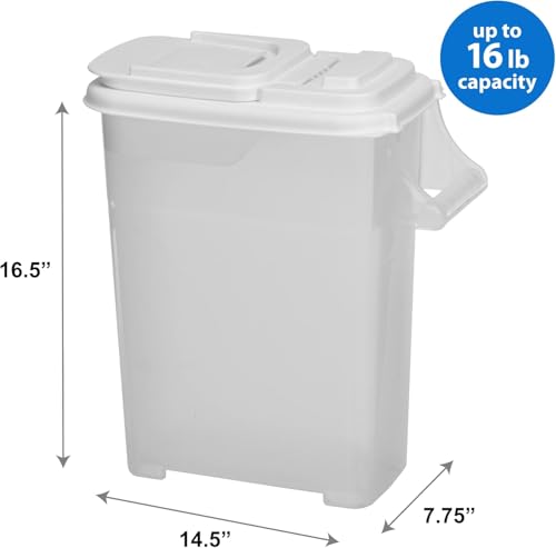 Buddeez Pet Food Storage Container - 16 LB Capacity Dog Food Storage Container, Cat Food Container, Bird Seed Storage Container with Durable EZ Grip Handle and EZ Flip Lid with Pour Spout (White Lid) - color: White Lid, size: 1 Pack (16 Quart)