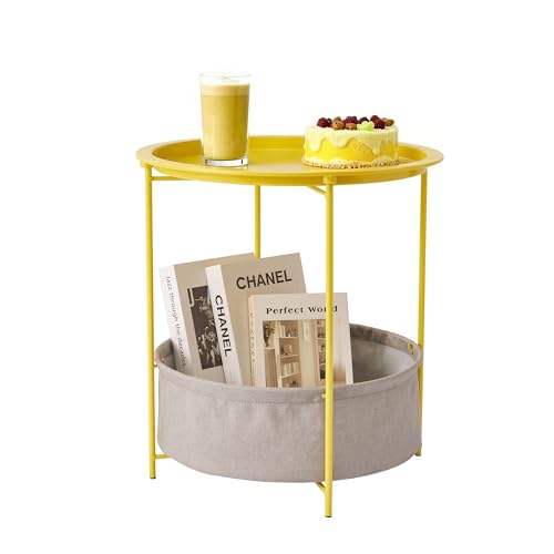 VECELO Round Side/End Table with Fabric Storage Basket，Metal Anti-Rust and Waterproof Small Bedside Nightstand with Removable Tray Top for Living Room，Balcony & Laundry，Yellow /1pcs with Basket - color: Yellow, size: 1 PCS