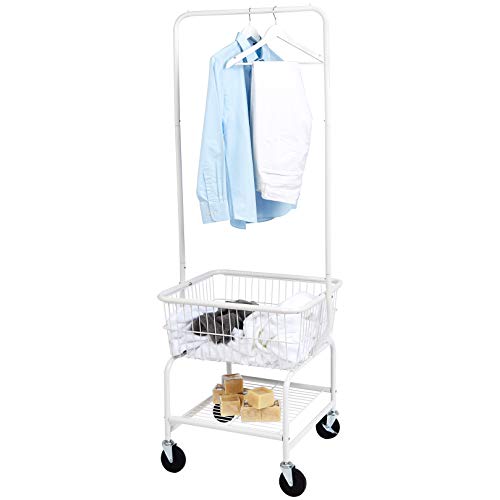 Amazon Basics Rectangular Laundry Hamper Basket Butler Cart with Wheels and Hanging Rack, Sturdy Metal, 71.1 inches Height, White