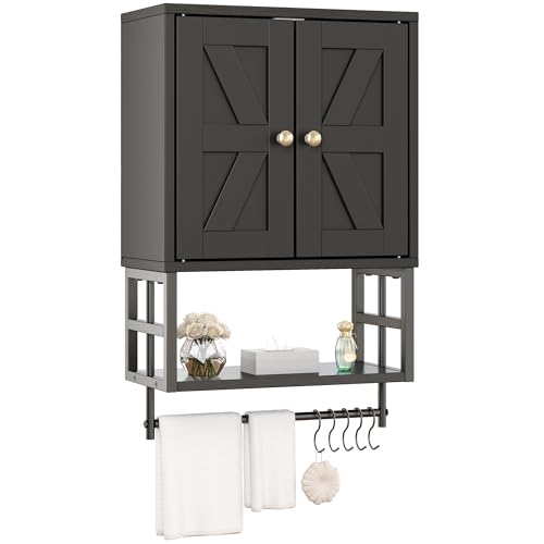 Farmhouse Medicine Cabinet - 3-Tier Wall Mounted Storage Organizer with Adjustable Shelves, Towel Bar, 5 Hooks for Small Bathroom, Laundry Room, Over Toilet, Living Room, Bedroom, Black - color: Black, size: 15.79 inches x 7.87 inches x 24.4 inches
