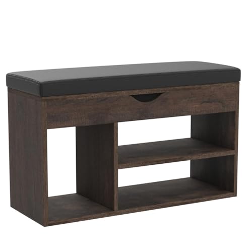 Apicizon 31 Inches Storage Bench with Padded Cushion, Shoe Bench with Storage Space, Upholstered Entryway Bench for Living Room, 2-Tier Shoe Rack Organizer, Brown - color: Brown, size: 31 Inch