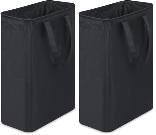efluky Slim Laundry Basket, Narrow Laundry Hamper with Handles, Collapsible Dirty Clothes Hamper, Tall Laundry Bin for Laundry Room, Dorm and Bedroom, 12.7 Gallons(48L) Black (Pack of 2) - color: Black, size: 48L without Lid (Pack of 2)