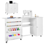 VEVOR Folding Sewing Table, Multipurpose Sewing Machine Table with Cabinet, Compact Design, Wheels, Wooden Pegs, Storage Trays and Shelf, Magnetic Door, Craft Station and Side Desk for Home, White - size: White w/ Cabinet