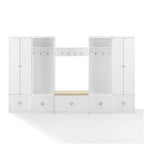 BOWERY HILL 6-Piece Modern MDF/Birch Veneer Entryway Set, White/Tan Finish, Includes Bench with Cushion, Shelf, 2 Pantry Closets, 2 Hall Trees, Modular Storage Solution for Foyer or Mudroom