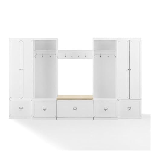BOWERY HILL 6-Piece Modern MDF/Birch Veneer Entryway Set, White/Tan Finish, Includes Bench with Cushion, Shelf, 2 Pantry Closets, 2 Hall Trees, Modular Storage Solution for Foyer or Mudroom