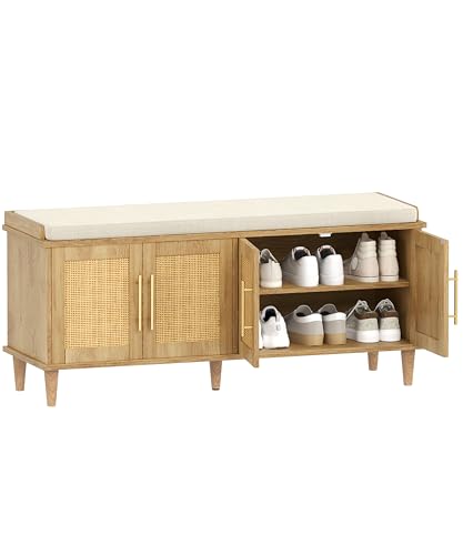 Akxomel Rattan Shoe Storage Bench with Cushion, 2-Tier Entryway Bench with Adjustable Shelves and 4 Doors, 15" D x 47.2" W x 20" H, Solid Wood Legs, for Hallway, Living Room, Bedroom, Natural Oak - size: 15"D x 47.2"W x 20"H