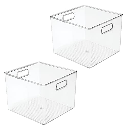 mDesign Small Modern Plastic Storage Organizer Bin Basket with Handles for Home Closet Organization - Shelf, Cubby, Cabinet, and Cupboard Organizing Decor - Ligne Collection - 2 Pack - Clear - size: 10 x 10 x 8 (Pack of 2)