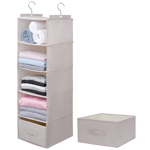 Large Hanging Sweater Organizer for Closet,Collapsible 6-Shelf Hanging Closet Shelves with Drawers, Washable (Beige -5 Shelf-1 d) - color: Beige, size: 5 Shelf with 1 drawers