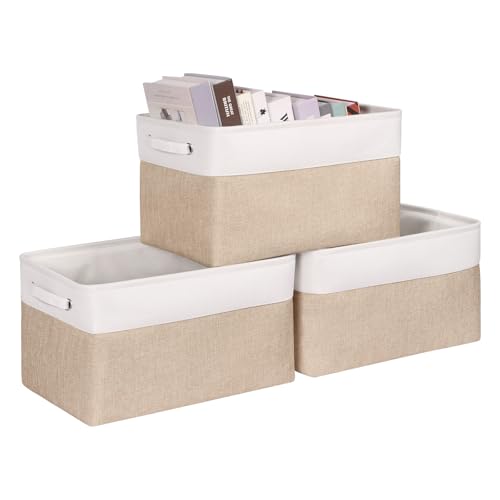Kntiwiwo Foldable Storage Bin Collapsible Fabric Storage Basket Cube with Durable Handles Closet Organizer Bins for Organizing Shelves Drawers, Set of 3, 17" x 11.8" x 9.8", Beige - color: Beige, size: 17" x 11.8" x 9.8"
