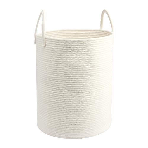 Woven Cotton Rope Laundry basket-15”X20” Laundry Hamper-Rope Storage Basket for Dirty Clothes, Toys and Blankets Perfect for Bathroom, Baby nursery and Living Room Storage (white) - color: white, size: regular
