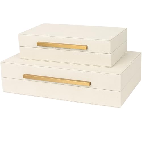 Beige Shagreen Decorative Storage Boxes – Set of 2 Faux Leather Jewelry & Memory Boxes with Gold Metal Handles, Nesting Photo Organizers for Home Decor, Gift, and Office Organization - color: Beige+Gold Handles, size: 2 pack