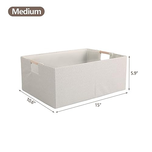 Fabric Storage Bin Box Foldable Cotton Linen Storage Basket with Wooden Handles Rectangular Cube Decorative Home Laundry Organizer Clothes Blanket Container – Beige, Medium - color: Beige, size: Medium