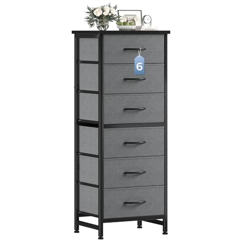 DUMOS 6 Drawers Dresser for Bedroom with Wheels, Fabric Storage Cabinet Organizer with Removable Fabric Bins, Sturdy Steel Frame for Living Room, Office, Entryway, Closets, Grey - color: Grey, size: 11.8"D x 15.7"W x 39.4"H (6 Drawers)