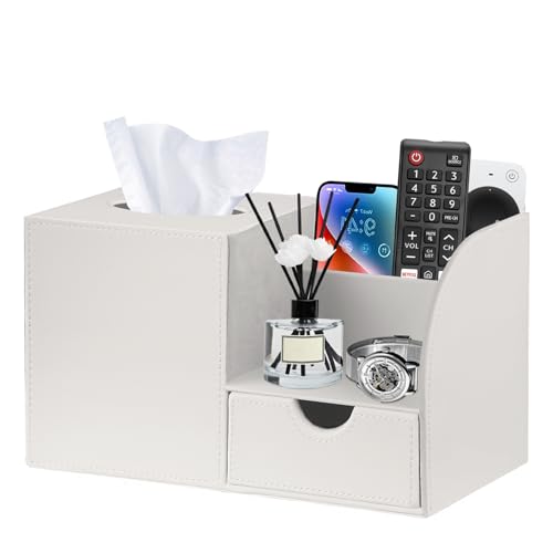 PUSU Square Tissue Box Cover with Storage Drawer, PU Leather Facial Tissues Cube Boxes Holder, Modern Makeup Remote Control Holder, Nightstand Organizer Caddy for Bathroom Vanity, Office, Home Decor - color: White Cowhide