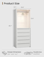 Closet System, Closet Organizer System with Rechargeable Motion Sensor Light Indoor, Walk in Closet Systems with 5 Drawers and Metal Hanging Rods, White