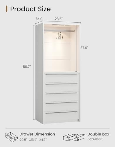 Closet System, Closet Organizer System with Rechargeable Motion Sensor Light Indoor, Walk in Closet Systems with 5 Drawers and Metal Hanging Rods, White
