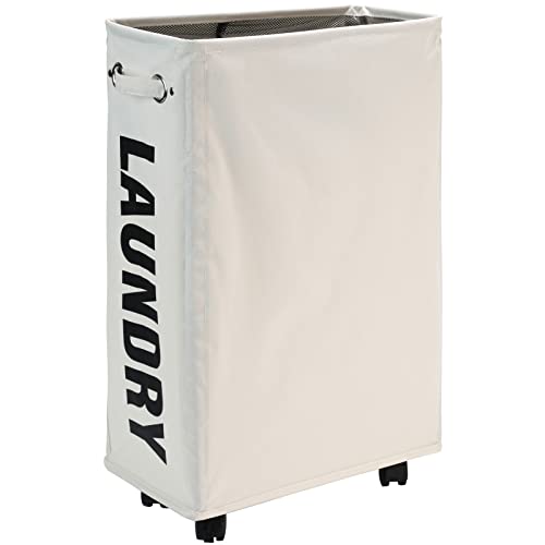DOKEHOM 25-Inches Slim Laundry Basket on Wheels, Collapsible Rolling Laundry Hamper, Foldable Narrow Corner Clothes Storage Bins (Beige) - color: Beige/M, size: Slim Plus 25"