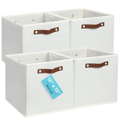 OrganiHaus White 12" x 12" x 12" Fabric Cube Storage Bins - Set of 4, Cube Fabric Organizer Bins with Vegan Handles, Kallax Storage Cubes, Cubbies Organizer Boxes, 12Inch Cubic Baskets for Shelves - color: Off-White, size: (12x12) Leather Handles
