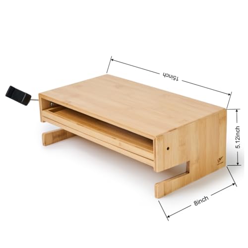 Monitor Stand Desk Top Organizer with Storage Drawer & Phone Holder,Bamboo Monitor Stand with Keyboard Tray, Wide Monitor Riser Non Slip Desk Riser