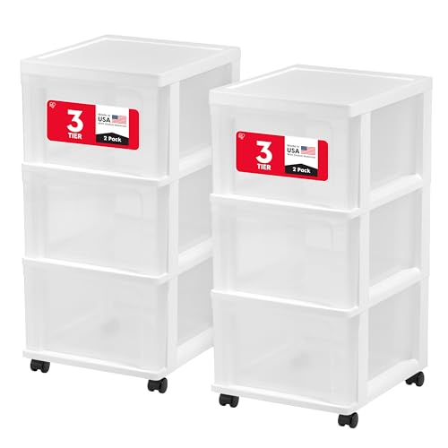 IRIS USA Plastic 3-Drawer Storage Organizer Rolling Cart, with Wheels Casters, 2-Pack, for Classroom Art Supplies Bathroom Dorm Bedroom Laundry Room, Slim Narrow, White/Clear - color: White