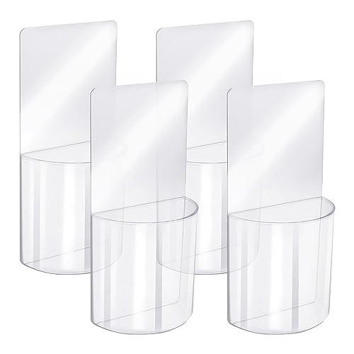 4 PCS Remote Control Holder, Wall Mount Self-Adhesive Transparent Media Organizer Universal No Drilling Storage Box Clear Remote Holder for Bedroom, Table, Nightstand