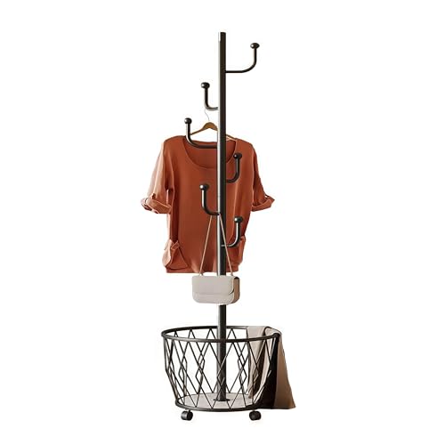 Cactus shaped Freestanding Metal Coat Rack Stand with Basket Modern Organizer for Scarf Jacket Hat Bags Ideal for Home Entryway Bedroom Corner Stable and Moveable (black) - color: black