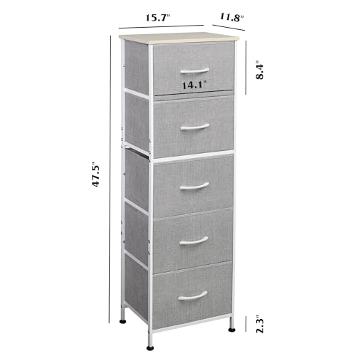 WLIVE Fabric Dresser, 5-Drawer Tall Dressers for Bedroom, Storage Dresser Organizer with Fabric Bins, Wood Top, Sturdy Steel Frame, Chest of Drawers for Closet, Hallway, Light Grey - color: Light Grey