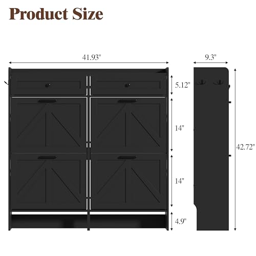 Thacuok Shoe Cabinet with 4 Flip Drawers & 2 Storage Drawers, Rustic Farmhouse Narrow Shoe Organizer Cabinet, Slim Shoe Rack Cabinet, Shoe Storage Cabinet for Entryway, Hallway, Front Door - color: Black, size: 4 Drawers