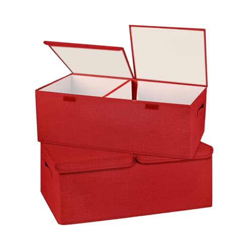 2 Pack Large Storage Boxes with Lids and Handles, Collapsible Linen Storage Bins Organizer Containers Baskets Cube with Removable Divider for Home Bedroom Closet Office (Red, Small) - color: Red, size: Small