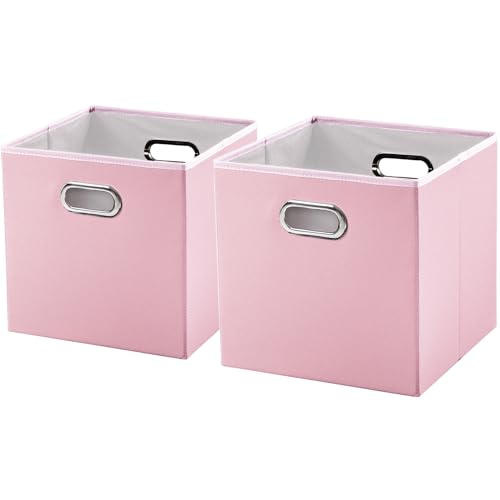 PRANDOM Leather Foldable Cube Storage Bins 13x13 inch [2-Pack] Fabric Storage Baskets Cubes Drawer with Cotton Handles Organizer for Shelves Nursery Closet Bedroom Clothes Pink - color: Pink, size: 13x13 in(2-Pack)