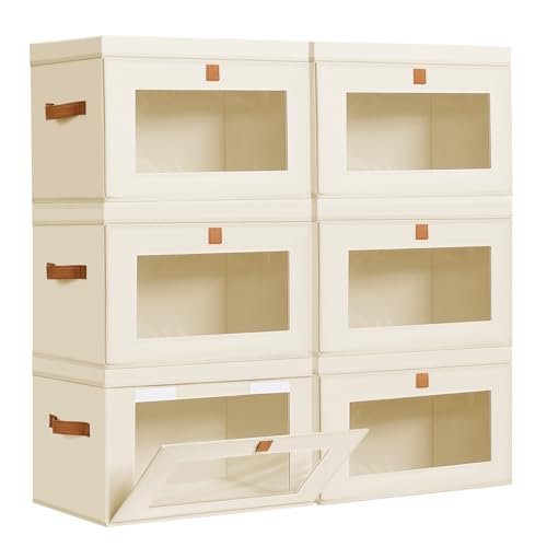 DIMJ Storage Bins with Lids - 6 Pack Large Fabric Closet Organizer with Window & Handles, Collapsible Decorative Storage Boxes for Shelves Under Bed, Books Clothes Blankets Sweaters Organization - color: Beige, size: Large-6 Pack