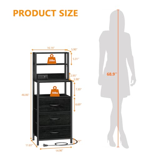 Furnulem Night Stand, Tall Nightstand with 4-Tier Shelves and 3 Fabric Drawers, LED Bed Side Tables with Charging Station, Bedside Table for Bedroom, Hallway, Home Office, Black Oak - color: Black Oak, size: 3 Drawer