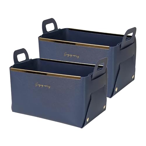 Decorative Faux Leather Basket,Small Catchall Basket for Entryway Bedside Dresser End table,Collapsible Rectangle Tray Organizer Box,Navy Blue,2-Pack - color: Navy Blue(2-Pack)
