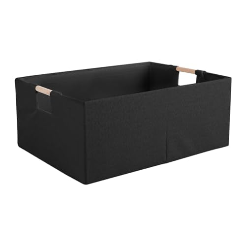 Fabric Storage Bin Box Foldable Cotton Linen Storage Basket with Wooden Handles Rectangular Cube Decorative Home Laundry Organizer Clothes Blanket Container – Black, Large - color: Black, size: Large