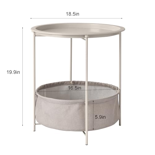 VECELO Round Side/End Table with Fabric Storage Basket，Metal Anti-Rust and Waterproof Small Bedside Nightstand with Removable Tray Top for Living Room，Balcony & Laundry，Grey /1pcs with Basket - color: Grey, size: 1 PCS with Basket