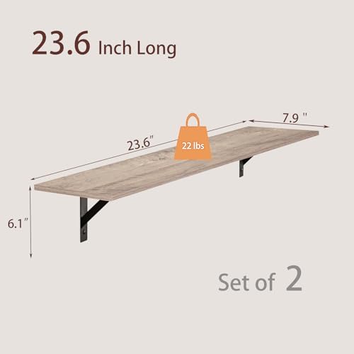 DINZI LVJ Wall Shelves, 23.6 x 7.9 x 6.1 Inch Floating Shelves for Wall, Set of 2, Easy-to-Install Wall Storage Ledges with Sturdy Metal Brackets for Living Room, Bathroom, Kitchen, Greige - color: Greige, size: 23.6 Inch