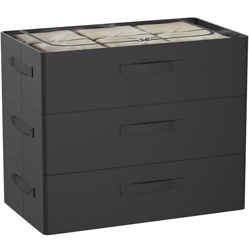 CYhom 3Pcs Under Bed Storage Bins with Metal Frame - Shoe Organizer for Closet with Clear Cover Oxford Fabric Sturdy Underbed Container Foldable Stackable Clothes Organizer (Black, 23.5x11.8x6.3) - color: Black, size: 23.5x11.8x6.3