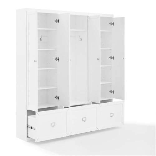 BOWERY HILL 3-Piece Modern Wood Entryway Set, 74 in H x 66 in W x 16.38 in D, MDF and Birch Veneer, White Finish, Includes Hall Tree with Hooks and 2 Pantry Closets, Modular Storage for Home