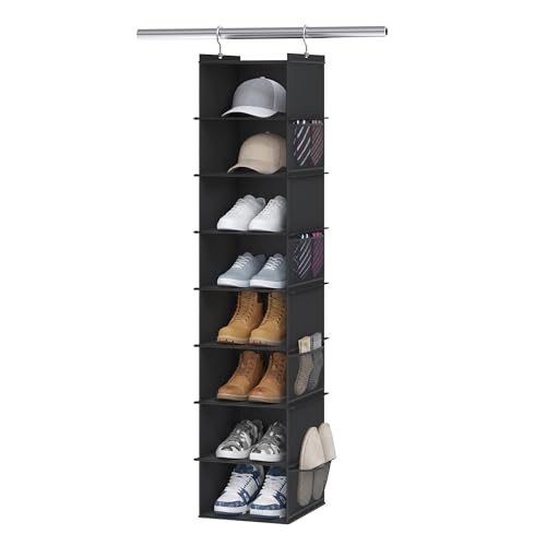 YOUDENOVA Upgraded Extra Wide Hanging Shoe Organizer for Closet, 8-Shelf Storage Organizer with 8 Side Pockets, Hanging Shoe Rack for Hats Clothes Jeans, Black - color: Black, size: 1 Pack