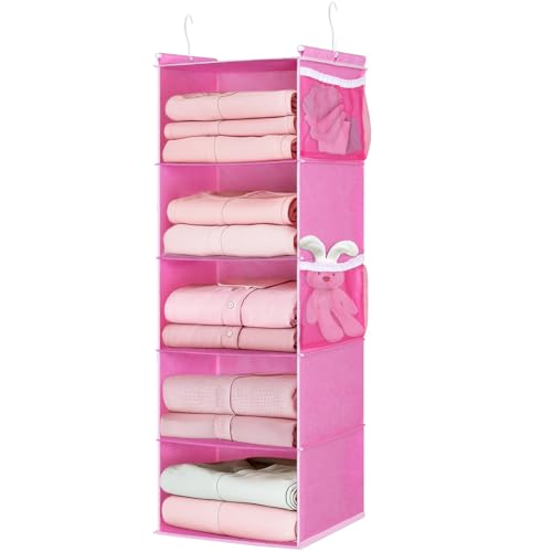 MAX Houser 5-Shelf Hanging Closet Organizer, Hanging Storage Shelves with 4 Side Pockets Space-Saving for Bedroom, Foldable (Pink) - color: Pink