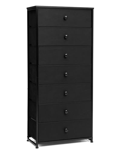 Crestlive Products Tall Dresser, 7-Drawer Wide Fabirc Storage Tower, Chests of Drawers - Vertical Organizer Unit for Bedroom, Hallway, Entryway, Nursery, Wood Top, Closets with Handles (Black) - color: Black, style: Wide-7 Drawers