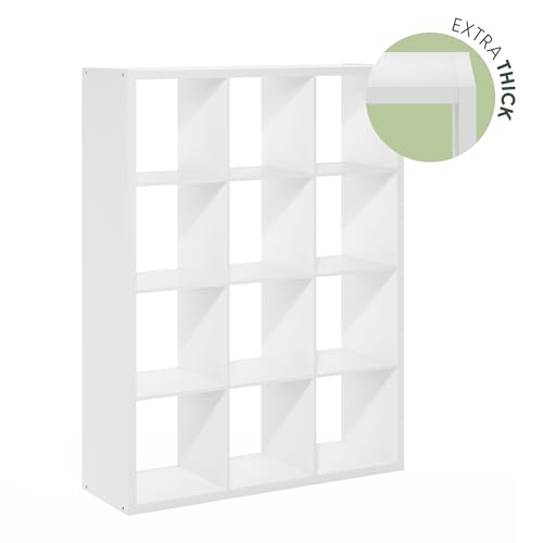 Furinno Cubicle Book Shelf, 12-Cube Bookshelf, Extra Thick Frame Reversible Tall Wide Bookcase with Open Back, 14.6 x 43.8 x 58, for Living Room, Bedroom, Home Office, Plain White - color: Plain White, size: 12-Cube