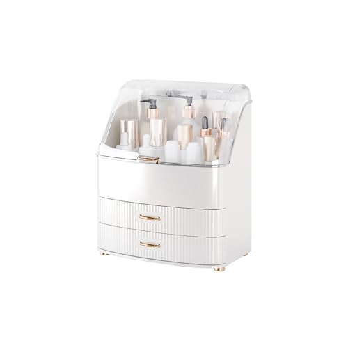 Makeup Organizer Countertop Vanity with Transparent Lid Drawers Waterproof Dustproof Cosmetic Skincare Bathroom Storage Gift for Women Teens Girls (Whtie) - color: Whtie