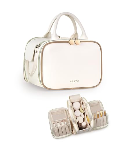 Prite Makeup Bag for Women, Large Capacity Waterproof Travel Cosmetic Organizer, Portable Open Flat Toiletry Bag with Free-standing Brush Holder and Handle(Beige Large) - color: Beige, size: Large
