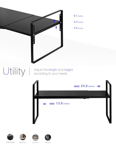 Nxconsu Cabinet Shelf Expandable Height Adjustable Shelf Organizer Riser for Kitchen Cabinet Pantry Cupboard Under Sink Countertop Organization Storage Space Saver Stackable Heavy Duty Metal Black XXL - color: Black, size: 12’’D * 13.8-24.8’’W * 9.7’’H