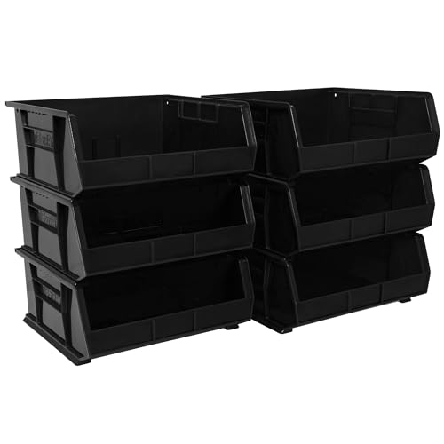 Akro-Mils 30250 AkroBins Plastic Storage Bins, Space-Saving Stackable Bins for Garage, Pantry, Craft Organization, 15" x 16" x 7", Black, 6-Pack - color: Black