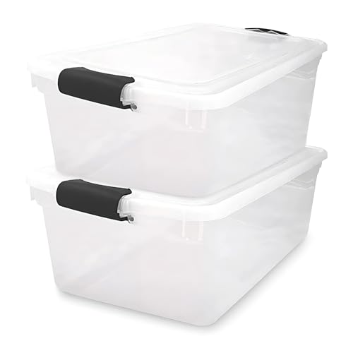 HOMZ 2-Pack Secure Latch, Clear Plastic Storage Organizer Bins, 64 Quart, Gray Latches - Stackable Container Boxes for Bedroom, Bathroom, Garage, and Office Organization - color: Gray, size: 64 QT (2 Pack)